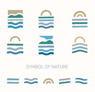 Minimalist set of nature-themed symbols: water, sun, earth, hills, sky, and wind. Abstract figures of mountains, waves, and sun in soft earthy tones, in a modern flat vector style.