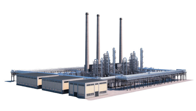 Isolated industrial refinery complex with tall chimneys and extensive piping for energy production