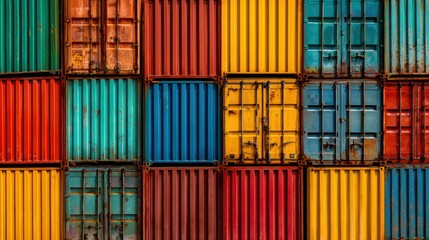 Fototapeta premium Rusty stacked shipping containers arranged in horizontal rows, peeling paint and patina, industrial freight yard atmosphere, muted orange and teal palette, gritty textured surface suggesting timeworn