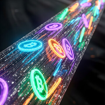 Neon bitcoin symbols flowing through digital data.