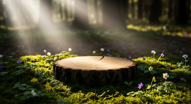 Rustic wooden podium for product display enchanting forest scene for showcasing items