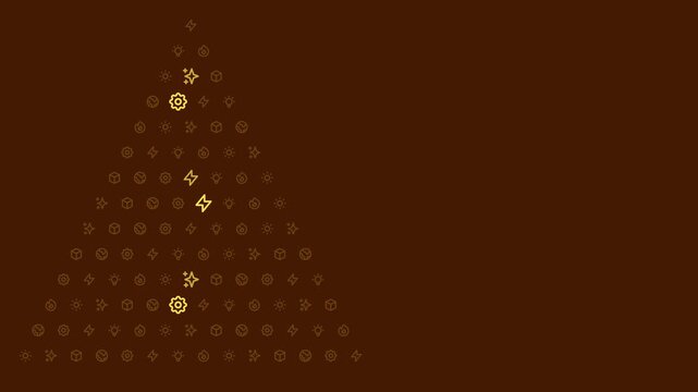 Looping gold dots icon forming festive Christmas tree on brown background, circular ornaments background pattern icon