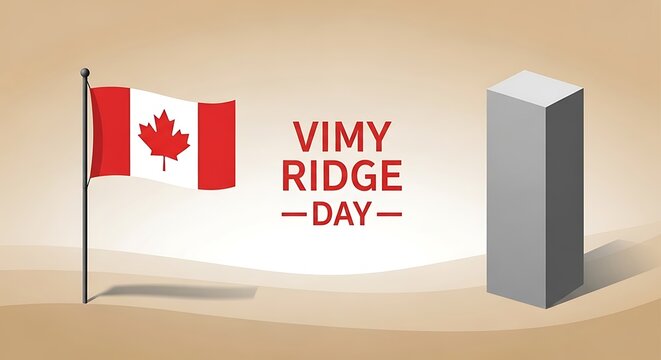 Vimy Ridge Day commemorative banner, Canadian flag waving on flagpole, minimalist war memorial monument on beige background, national remembrance day