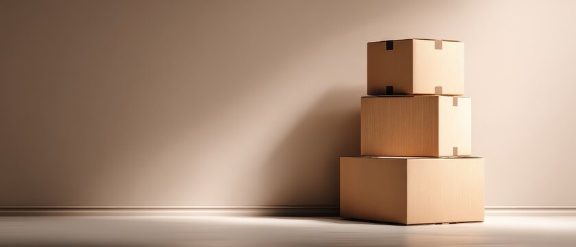 Stack of cardboard moving boxes against pastel wall in minimal interior. Concept of relocation, new home, delivery service, storage, renovation and real estate transition.
