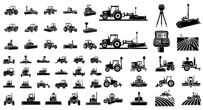 Grader Machinery and Laser Leveling Silhouette Icon Set, Solid black silhouettes of various grader machinery, tractors, and laser land leveling equipment for industrial and agricultural use.