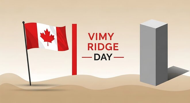 Vimy Ridge Day commemorative banner, Canadian flag waving by a stone monument, patriotic tribute for national remembrance day in Canada