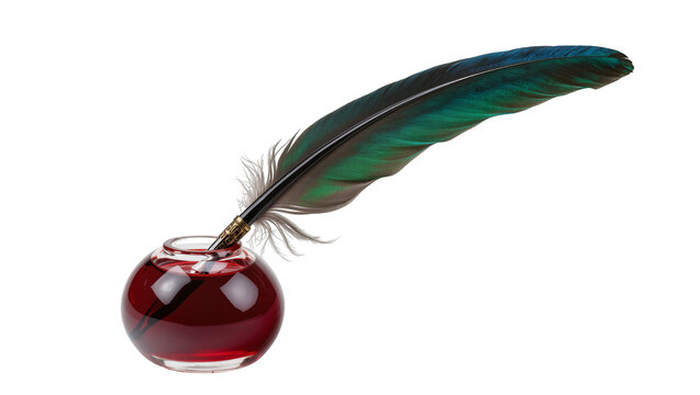 Isolated vibrant iridescent feather quill pen dipped into a vintage round glass inkwell with red ink
