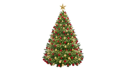 Isolated classic Christmas tree with glowing lights, gold star, and red and gold ornaments © Corotaev