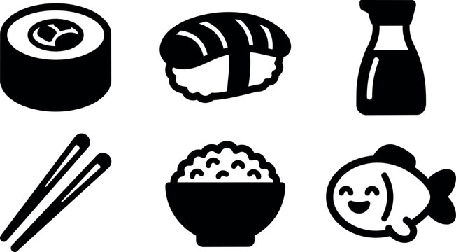Black and white sushi roll nigiri rice bowl soy sauce chopsticks fish icons