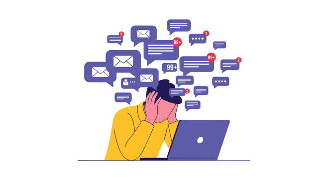 A man sits at a desk with his hands on his head, overwhelmed by a flood of message and email notifications from his laptop.