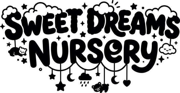 Black and white sweet dreams nursery lettering with stars moon cloud and teddy bears
