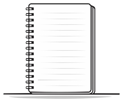 Spiral bound notebook with lined pages, simple outline art illustration.