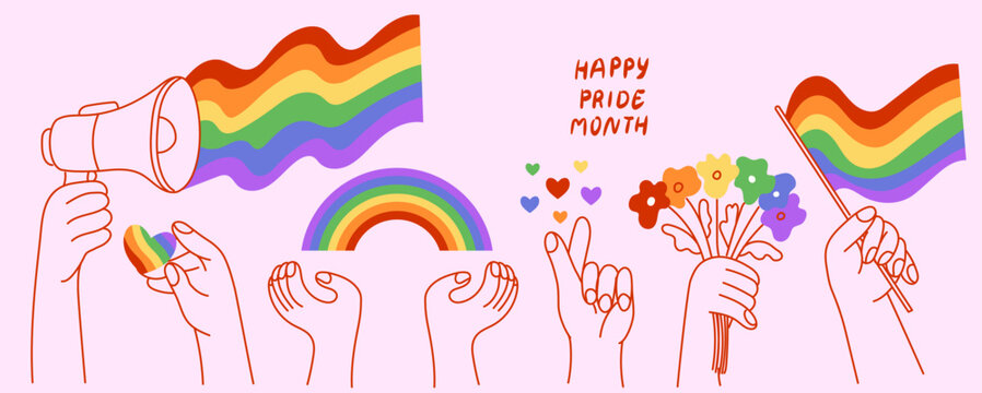 Doodle people hands hold flowers, heart love symbols, megaphone and flag with lgbt rainbow. Pride month celebration against violence, discrimination, human rights violation support banner, placard.