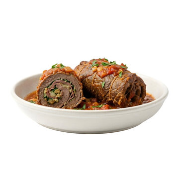 Traditional Italian Beef Braciole Rolls Stuffed with Herbs and Cheese Isolated on White Background Studio Food Photography