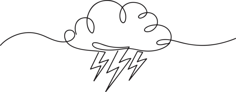 Continuous one line editable drawing of thundercloud and lightning, Single continuous line art rainy stormy cloud. one line Icon drawing