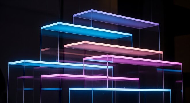 A futuristic architectural structure with neon-lit rectangular platforms stacked in a staggered formation against a dark background.
