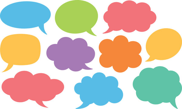 Collection of ten colorful diverse speech and thought bubble shapes isolated on a transparent background