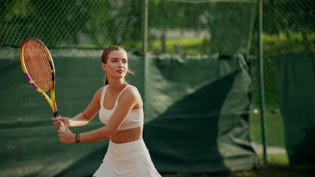 Focused Female Tennis Player, Assessing Landing And Preparing Stroke During Tennis Match Practice