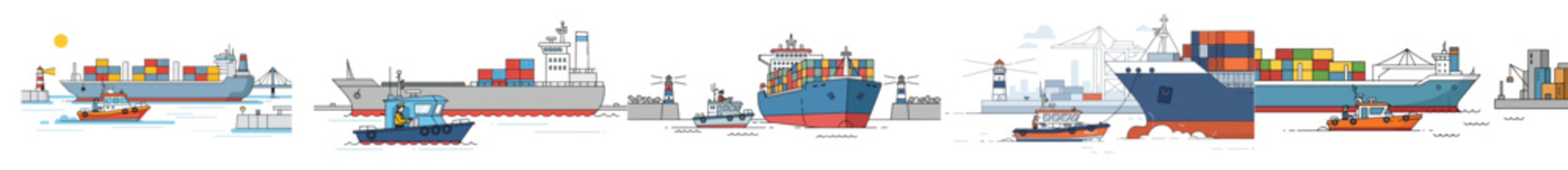 A flat vector illustration of a harbor pilot guiding a large cargo ship into the port with a small pilot boat, featuring minimal geometric shapes, a modern maritime illustration style, clean outlines