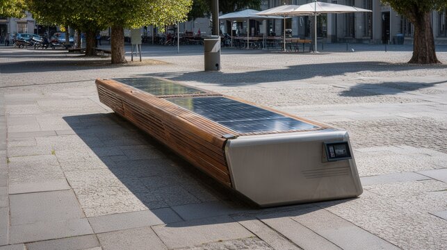 Solar powered long bench with charging. Quiet promenade mood with minimalist timber seat and subtle solar panel inset. Sleek lines, durable finish, smooth surface blending with open square. Suited