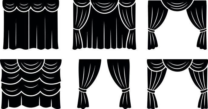 Black silhouette stage curtains collection with various drapes and tiebacks