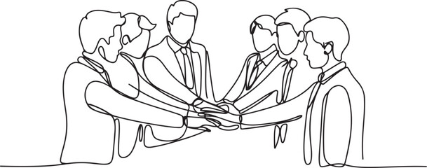 Naklejka premium One continuous line drawing group of young male and female business people unite their hands, Hand united together continuous one line drawing. one line Icon drawing