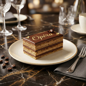 Opera Cake is a classic French layered dessert made with almond sponge cake (Joconde), soaked in coffee syrup, and layered with coffee buttercream and chocolate ganache. It is finished with a smooth c