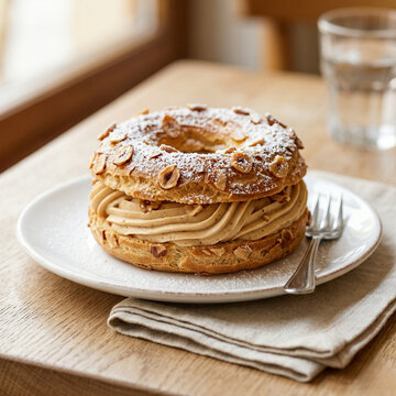 Paris-Brest is a classic French pastry made from choux dough shaped into a ring and filled with rich praline-flavored cream. It has a light, airy texture on the outside and a smooth, nutty, creamy fil
