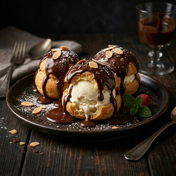 Profiteroles are classic French bite-sized pastries made from choux dough, filled with whipped cream, custard, or ice cream, and often topped with rich chocolate sauce. They have a light, airy shell w