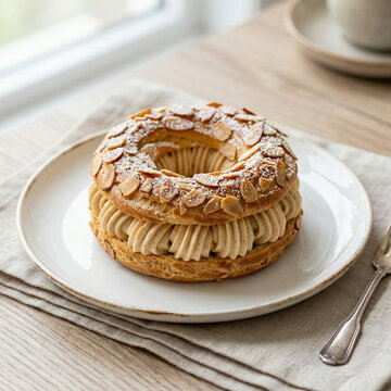 Paris-Brest is a classic French pastry made from choux dough shaped into a ring and filled with rich praline-flavored cream. It has a light, airy texture on the outside and a smooth, nutty, creamy fil