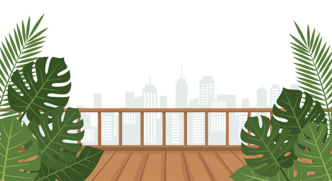 A wooden balcony floor and railing are framed by lush tropical leaves with a distant, light grey city skyline in the background.