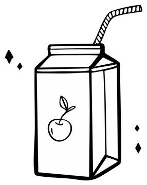 Hand drawn simple line art cartoon cherry juice carton with straw and sparkly accents