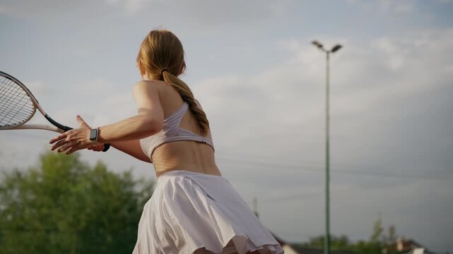 Tennis player hits the ball with a racket, practice game on the tennis court.