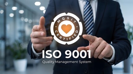 Businessman Pointing Globe – ISO 9001 Quality Management Certification Concept