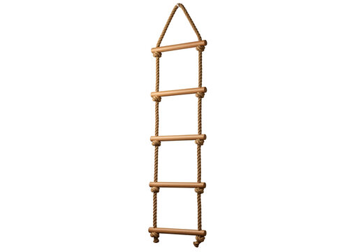 A rope ladder with wooden rungs hangs against a black backdrop, showcasing a simple yet strong design.