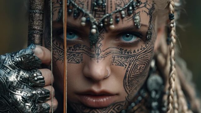 Warrior practices archery in forest with intricate tattoos and traditional gear in bright daylight