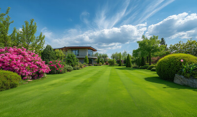 Beautiful Large Landscaped Backyard with Lush Green Mowed Lawn and Modern House  © elvil