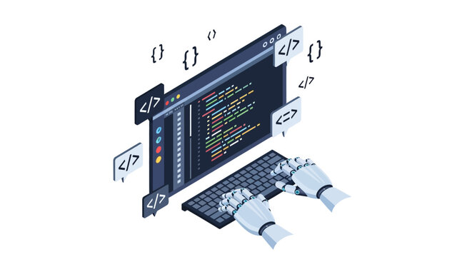 AI Robot Hands Typing on Keyboard and Programming on Screen Isometric Illustration. Concept of Automated Software Development and Artificial Intelligence Coding.