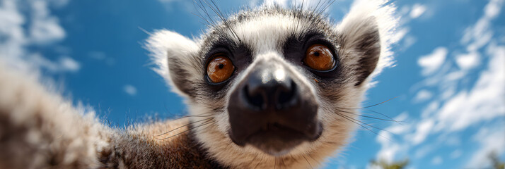 Fototapeta premium Close Up Portrait Of Ring Tailed Lemur Face With Bright Orange Eyes Against Blue Sky Background Daytime