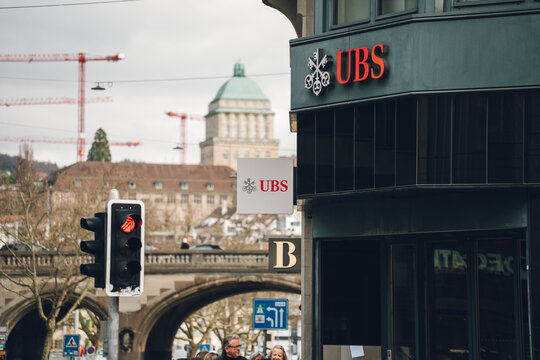 Zurich, Switzerland March 28, 2026: Ubs bank building facade on a busy street in zurich city center