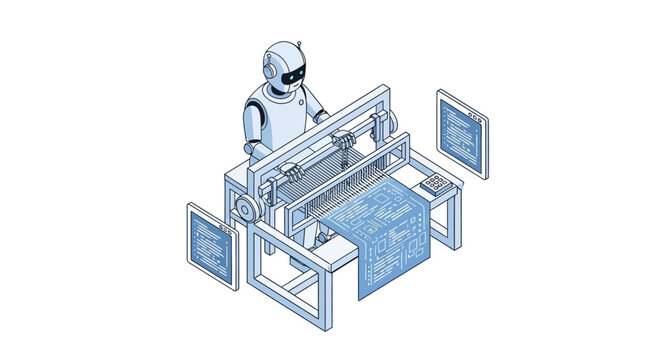 AI Robot Weaving Digital Code on a Loom Isometric Illustration representing Artificial Intelligence and Software Development