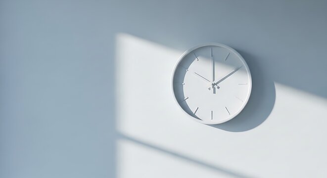 Contemporary round wall clock displaying passing time against a softly lit subtly textured surface with geometric light patterns casting intriguing shadows providing a sense of calm and visual