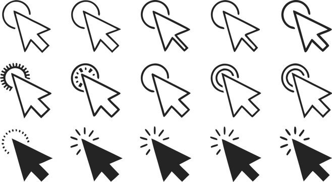 Set of cursor icons click and hand cursor icons click isolated on background. A clean minimalist black and white vector icon set featuring multiple computer mouse cursor symbols and hand click pointer