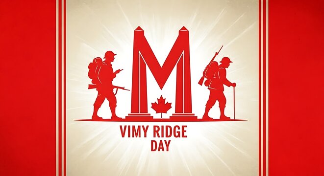 Vimy Ridge Day commemorative graphic, Canadian military memorial with soldier silhouettes, red and white patriotic tribute poster