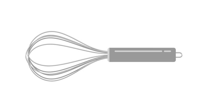 A simple, two-dimensional illustration of a silver wire whisk with a grey handle is positioned horizontally on a white background.