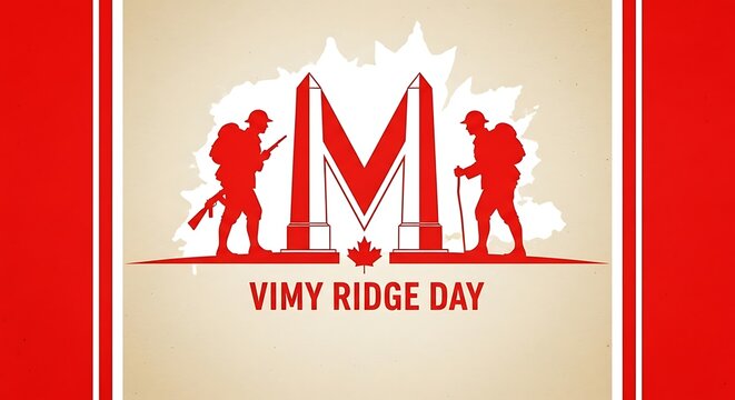 Vimy Ridge Day commemorative banner, Canadian military memorial with soldier silhouettes, national remembrance day graphic with maple leaf
