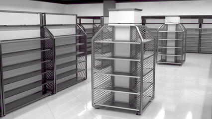 Supermarket interior with metal display racks with blank topper and diamond grid sides. 3d illustration © Wire_man