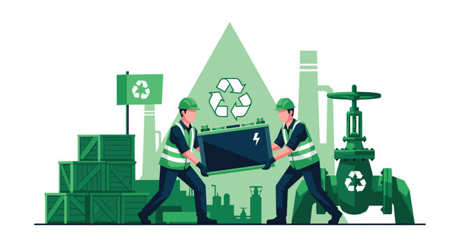 Two professional workers wearing green safety vests and hard hats carefully carry a large industrial battery in front of a prominent recycling symbol.