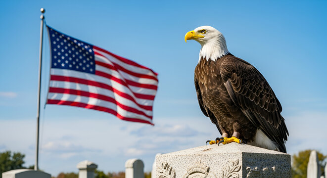 Bald eagle perches on a memorial monument during Memoriam Day with an American flag waving in the background at a cemetery.