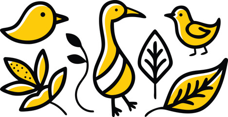 Obraz premium Stylized yellow birds and foliage create a minimalist charming illustrative design